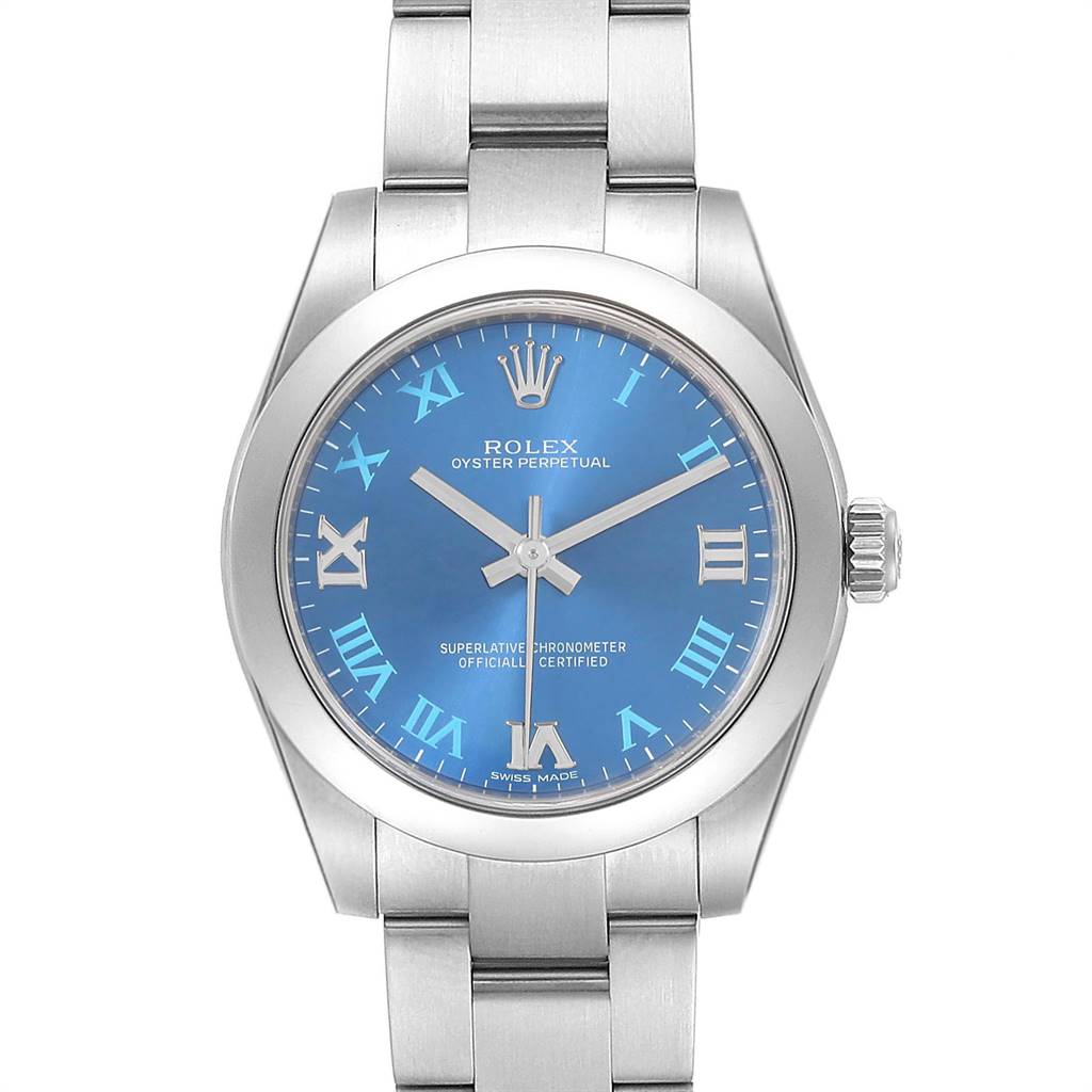 The image shows the front view of a Rolex Mid-Size 177200 Women's Stainless Steel Blue Dial 177200 Women's Stainless Steel Blue Dial Oyster Perpetual watch with a blue dial and Roman numerals.
