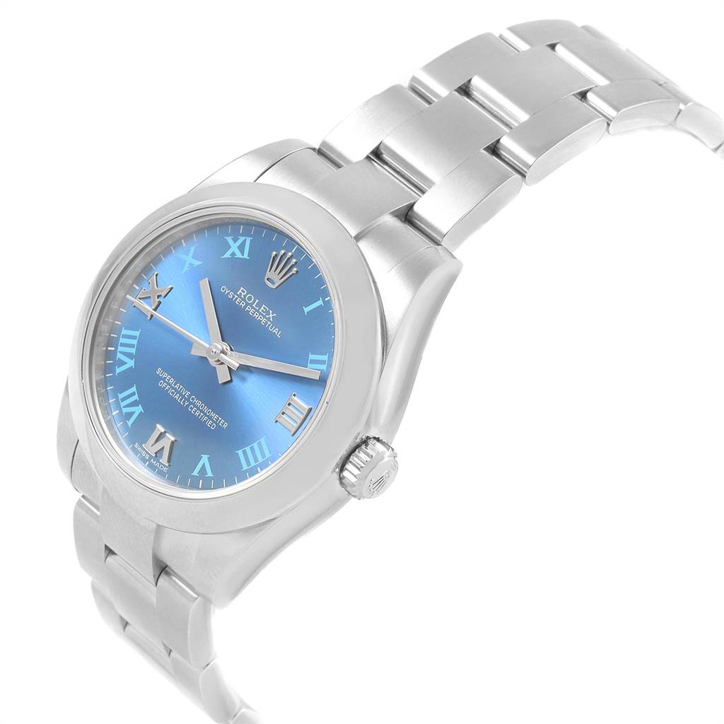 This Rolex Mid-Size 177200 Women's Stainless Steel Blue Dial 177200 Women's Stainless Steel Blue Dial model is shown at an angle, highlighting the blue dial, Roman numerals, crown, and stainless steel bracelet.