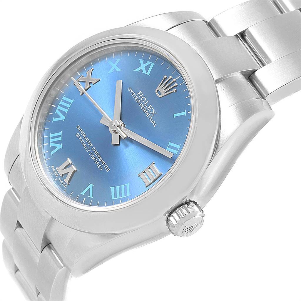 The Rolex Mid-Size 177200 Women's Stainless Steel Blue Dial 177200 Women's Stainless Steel Blue Dial watch is viewed from an angled front perspective, showcasing the blue dial, Roman numerals, and part of the stainless steel bracelet.