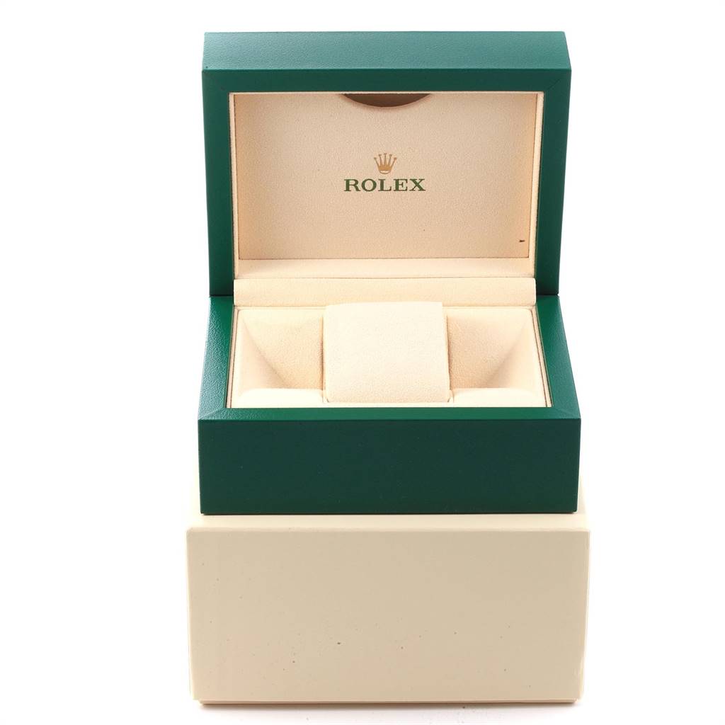 The image shows an open Rolex box for a Mid-Size model watch, featuring an elegant green exterior and beige interior.