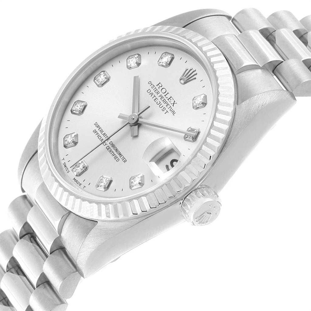 The image shows a close-up angle of the Rolex Oyster Perpetual Datejust Mid-Size model, highlighting the dial, bezel, crown, and bracelet.