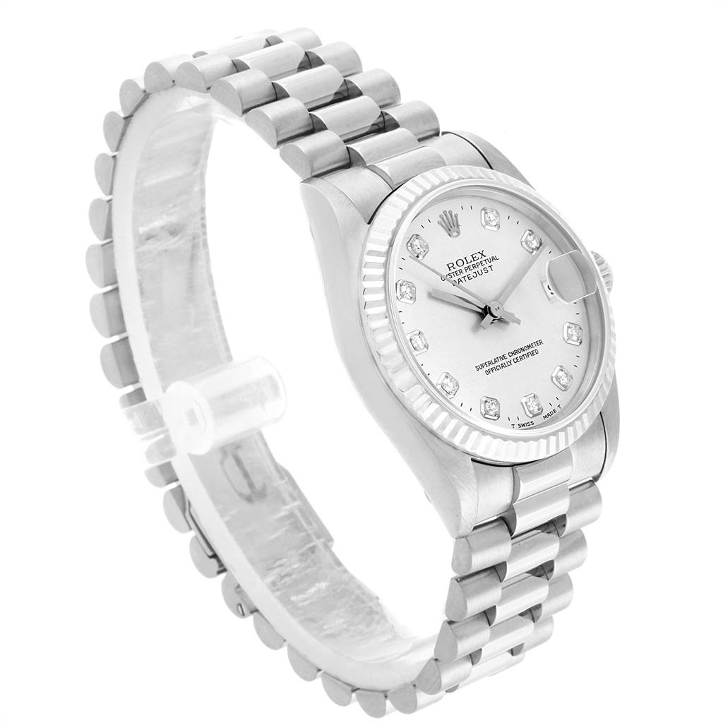 The image shows a side and front angle of a Rolex Mid-Size 68279 Women's White Gold Silver Dial 68279 Women's White Gold Silver Dial model, displaying the face, bezel, and bracelet.