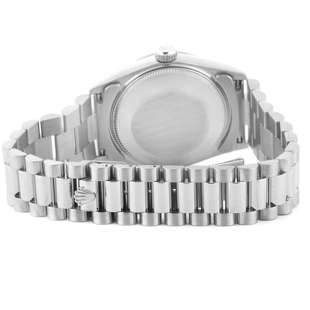 This Rolex Mid-Size 68279 Women's White Gold Silver Dial 68279 Women's White Gold Silver Dial model is shown from the back, highlighting the case back and a portion of the bracelet.