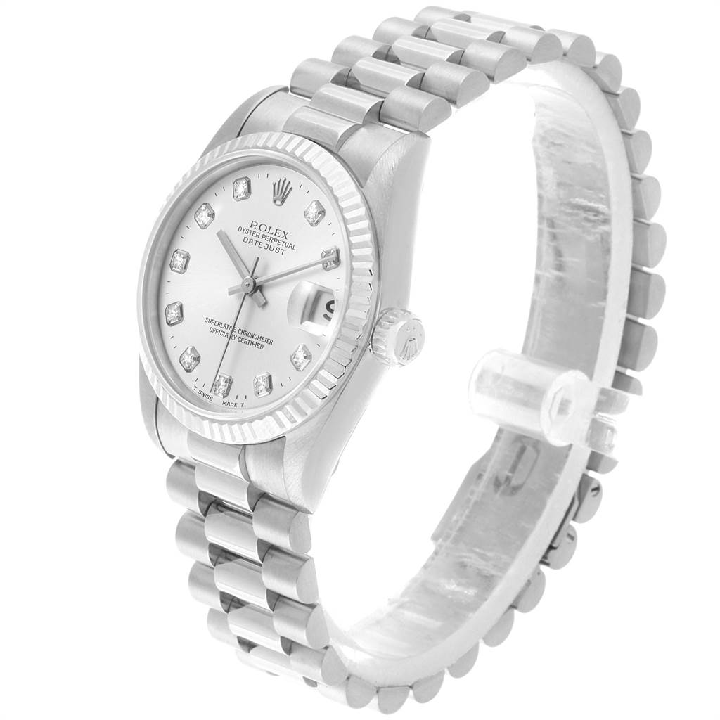 The image shows a side-angle view of a Rolex Datejust Mid-Size model, featuring the watch face, bezel, crown, and bracelet.