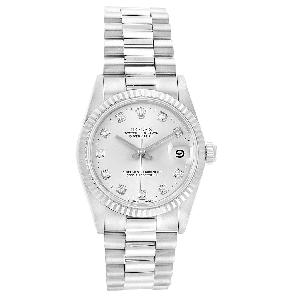 The image shows a front view of a Rolex Mid-Size 68279 Women's White Gold Silver Dial 68279 Women's White Gold Silver Dial Datejust watch, revealing the dial, bezel, bracelet, and crown.