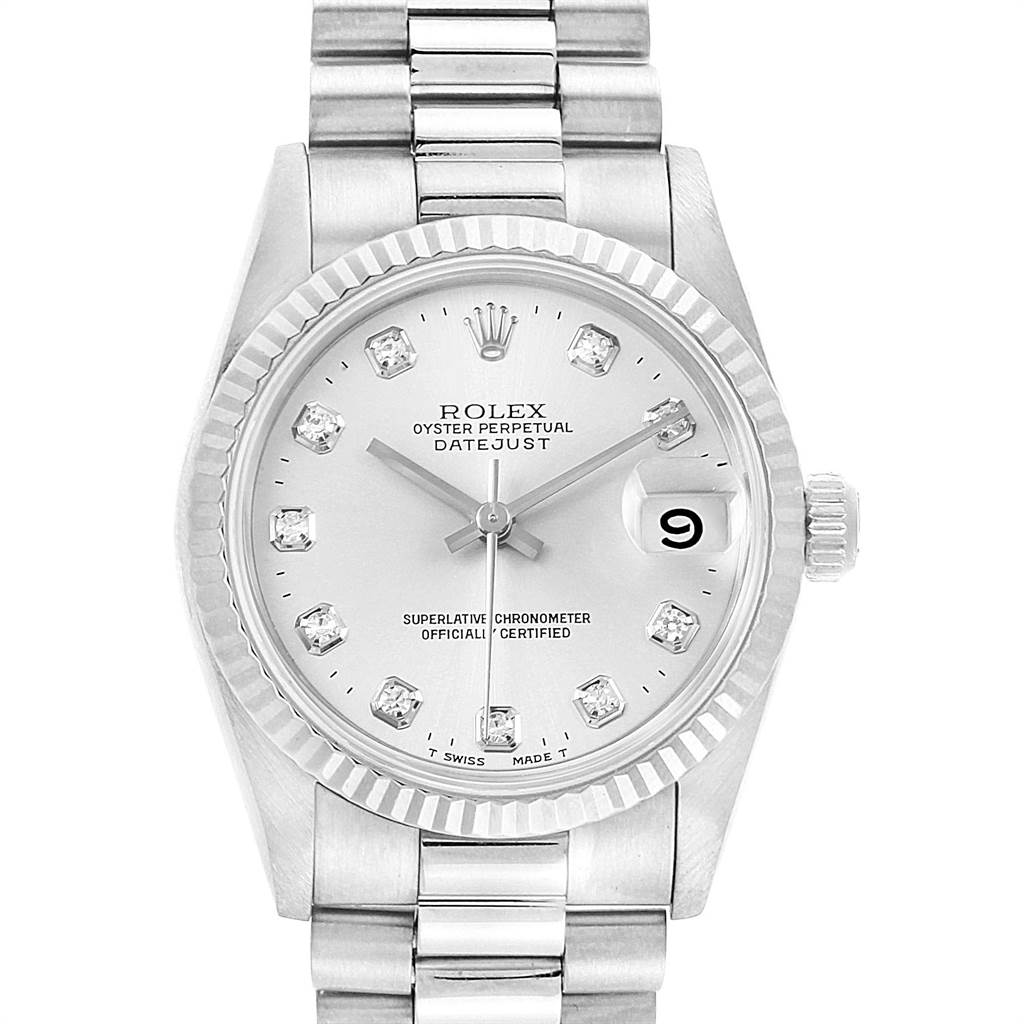 The image shows a front view of a Rolex Mid-Size 68279 Women's White Gold Silver Dial 68279 Women's White Gold Silver Dial Oyster Perpetual Datejust watch with a silver bracelet and diamond hour markers.