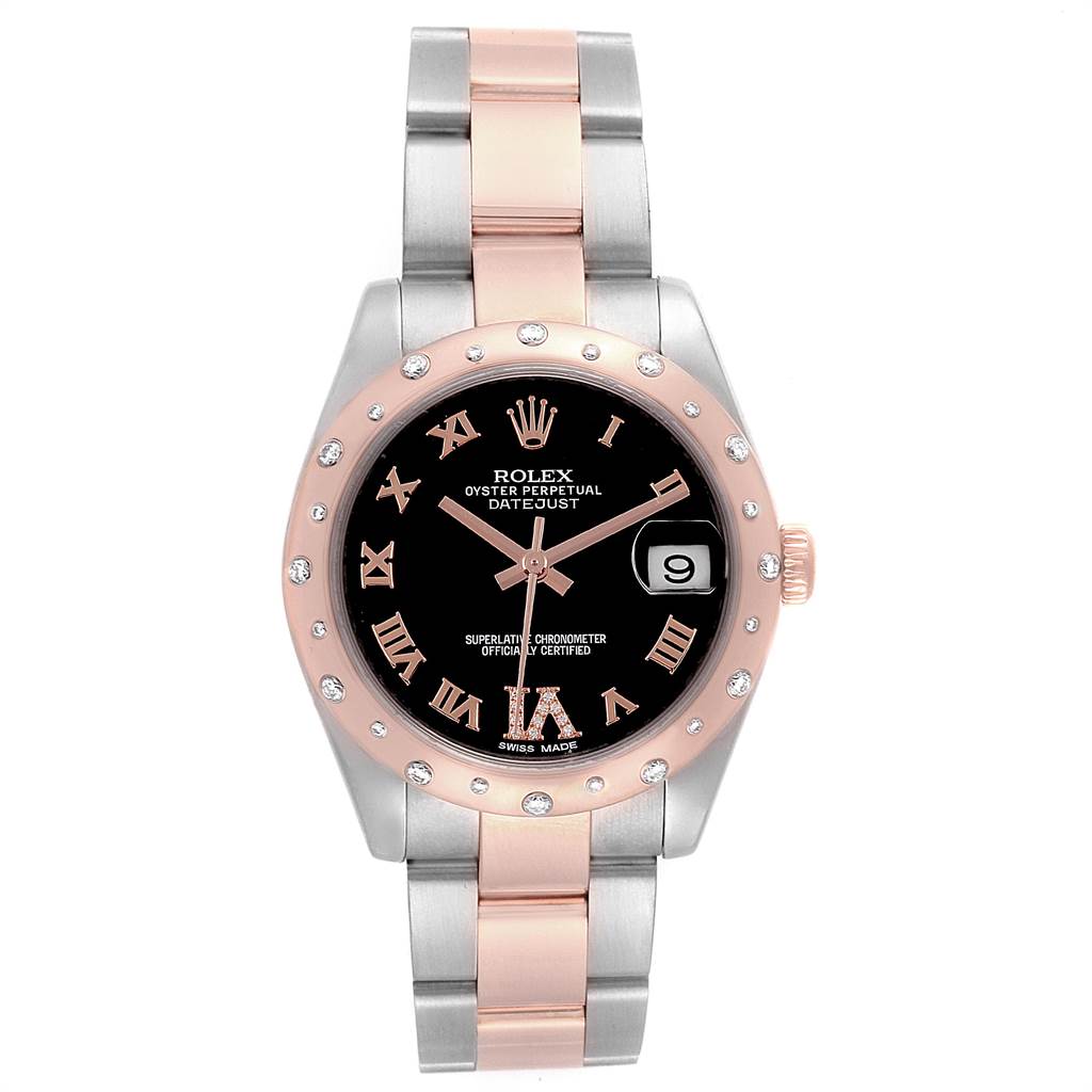 This Rolex Oyster Perpetual Datejust Mid-Size watch is shown from the front, highlighting the dial, bezel, and bracelet.