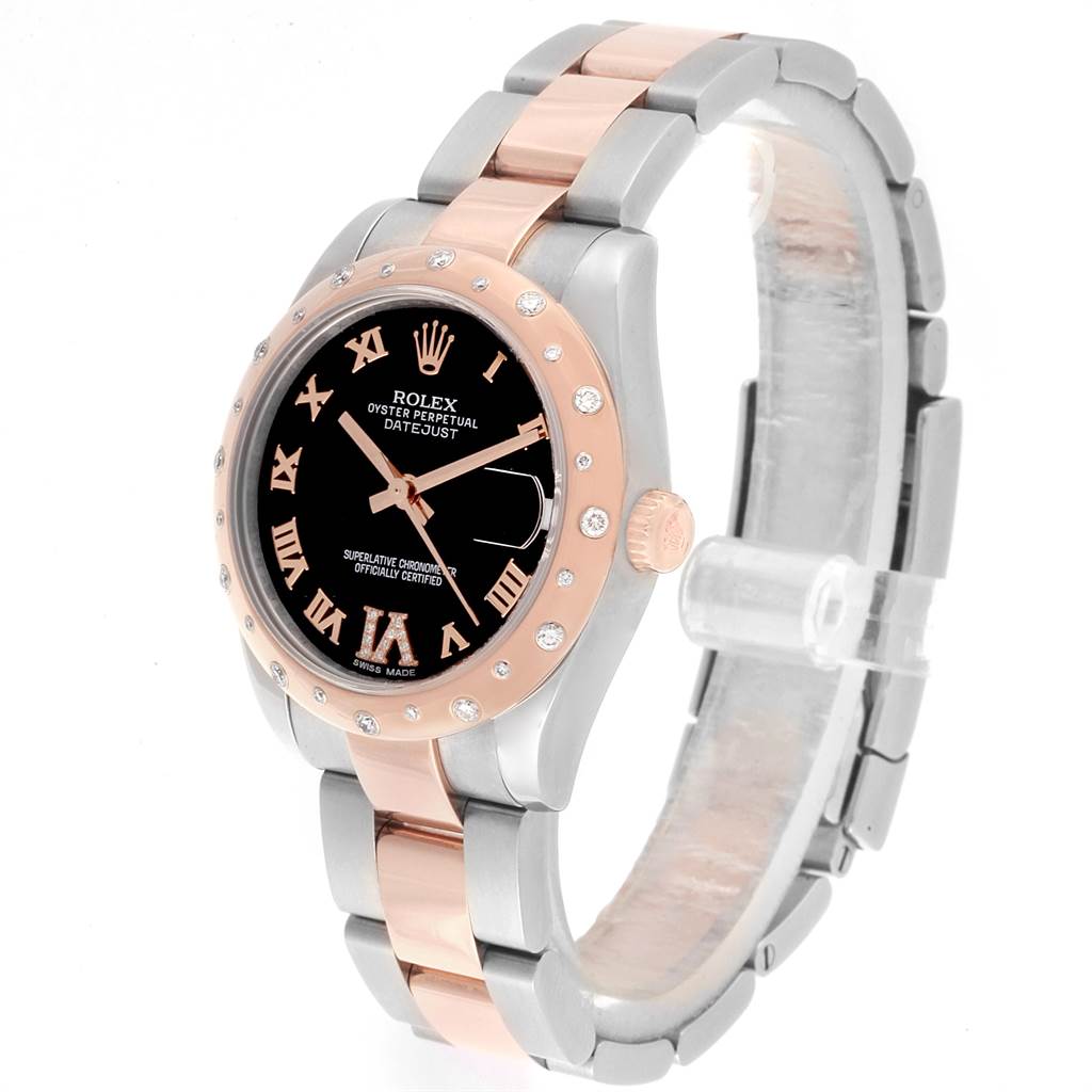The image shows a front angled view of a Rolex Mid-Size 178341 Women's Steel and Gold (two tone) Black Dial 178341 Women's Steel and Gold (two tone) Black Dial Oyster Perpetual Datejust watch with a two-tone bracelet and diamond-set bezel.