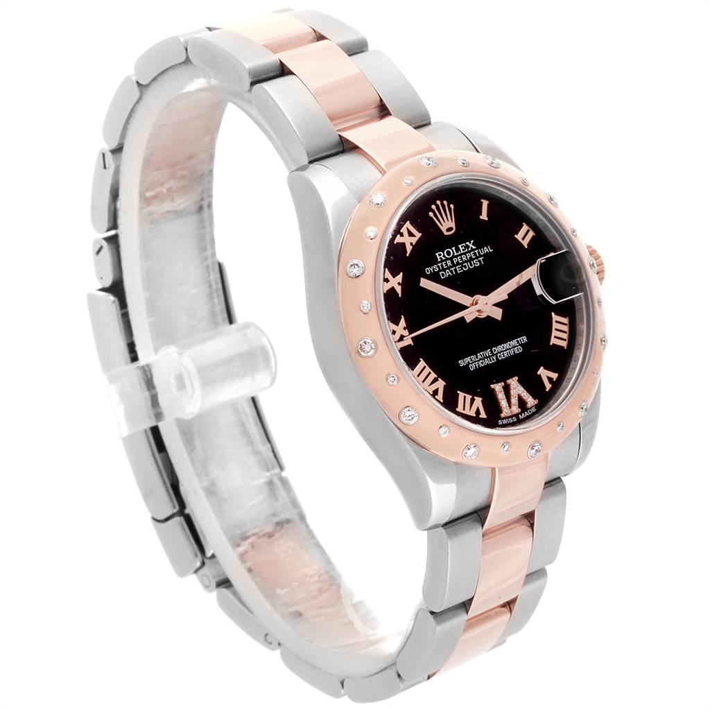 This image shows a side-angle view of the Rolex Mid-Size 178341 Women's Steel and Gold (two tone) Black Dial 178341 Women's Steel and Gold (two tone) Black Dial Datejust watch, highlighting its two-tone bracelet and diamond-studded bezel.