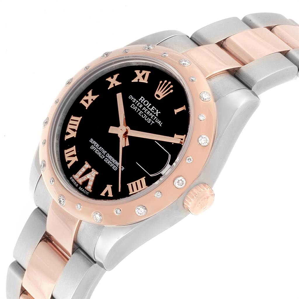 This image shows a Rolex Mid-Size 178341 Women's Steel and Gold (two tone) Black Dial 178341 Women's Steel and Gold (two tone) Black Dial model watch at a three-quarter angle, highlighting the dial, bezel, and part of the bracelet with two-tone design.