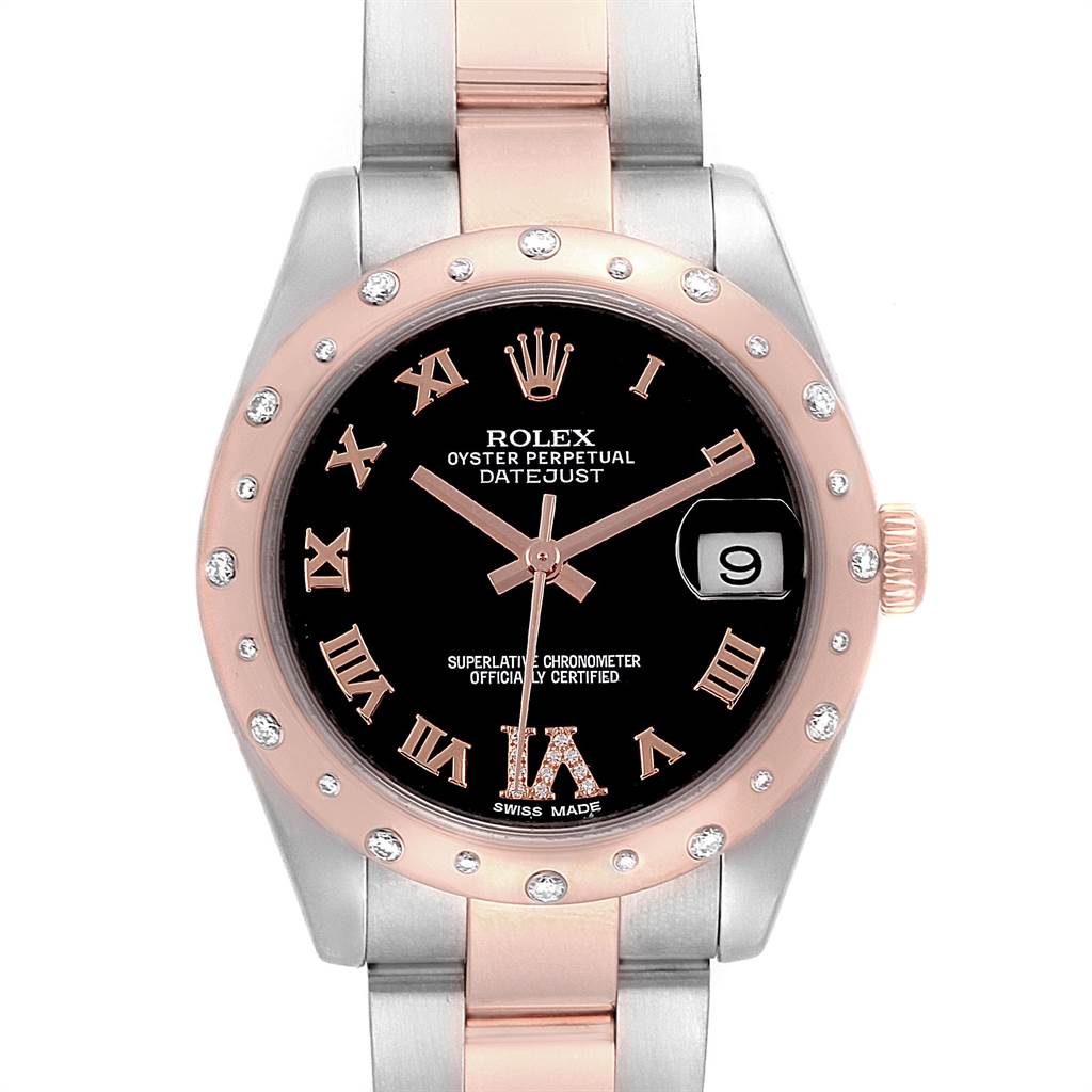 The image shows a front view of a Rolex Oyster Perpetual Datejust Mid-Size watch with a black dial, rose gold bezel, and two-tone band.