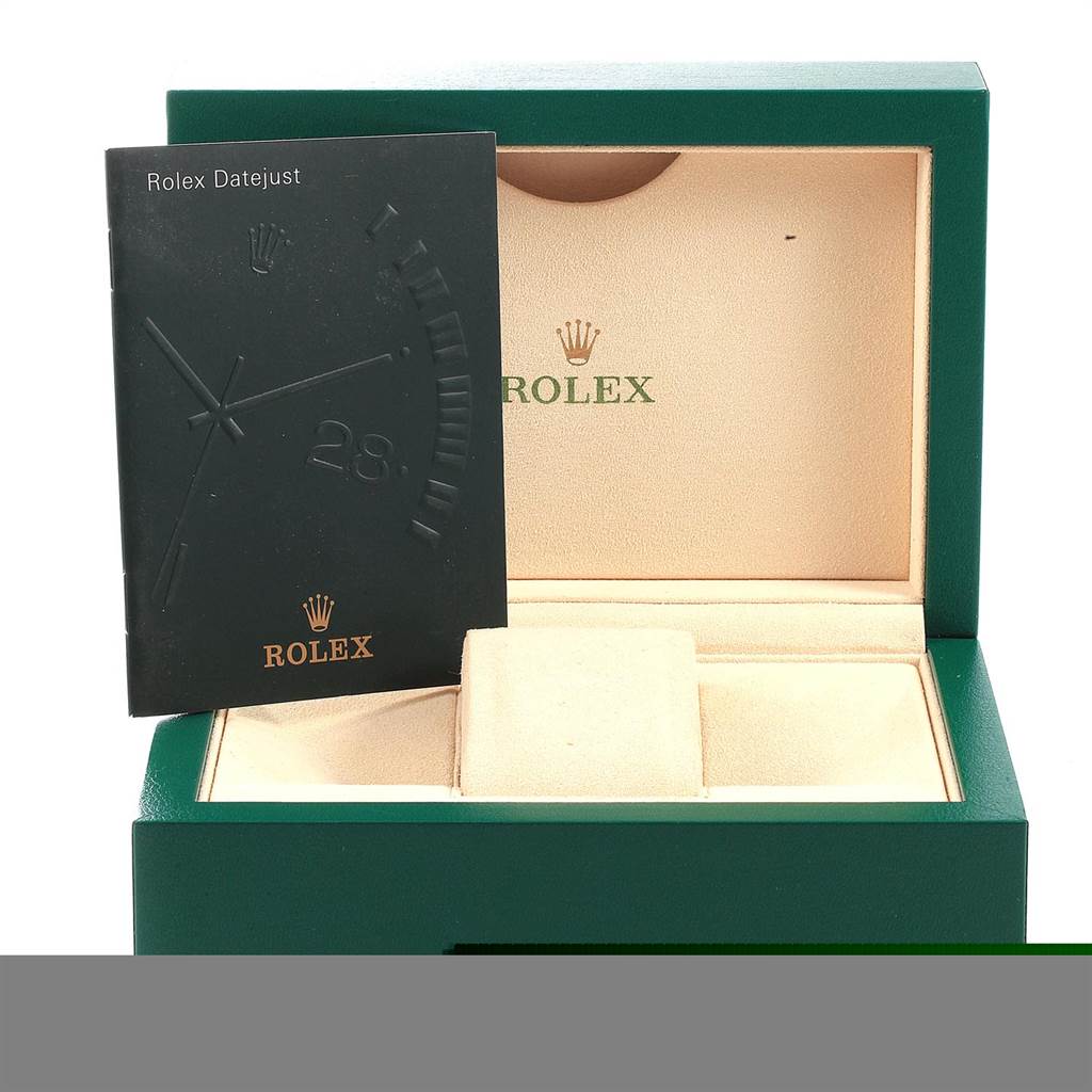 The image shows a Rolex Datejust watch manual and an open green Rolex watch box.