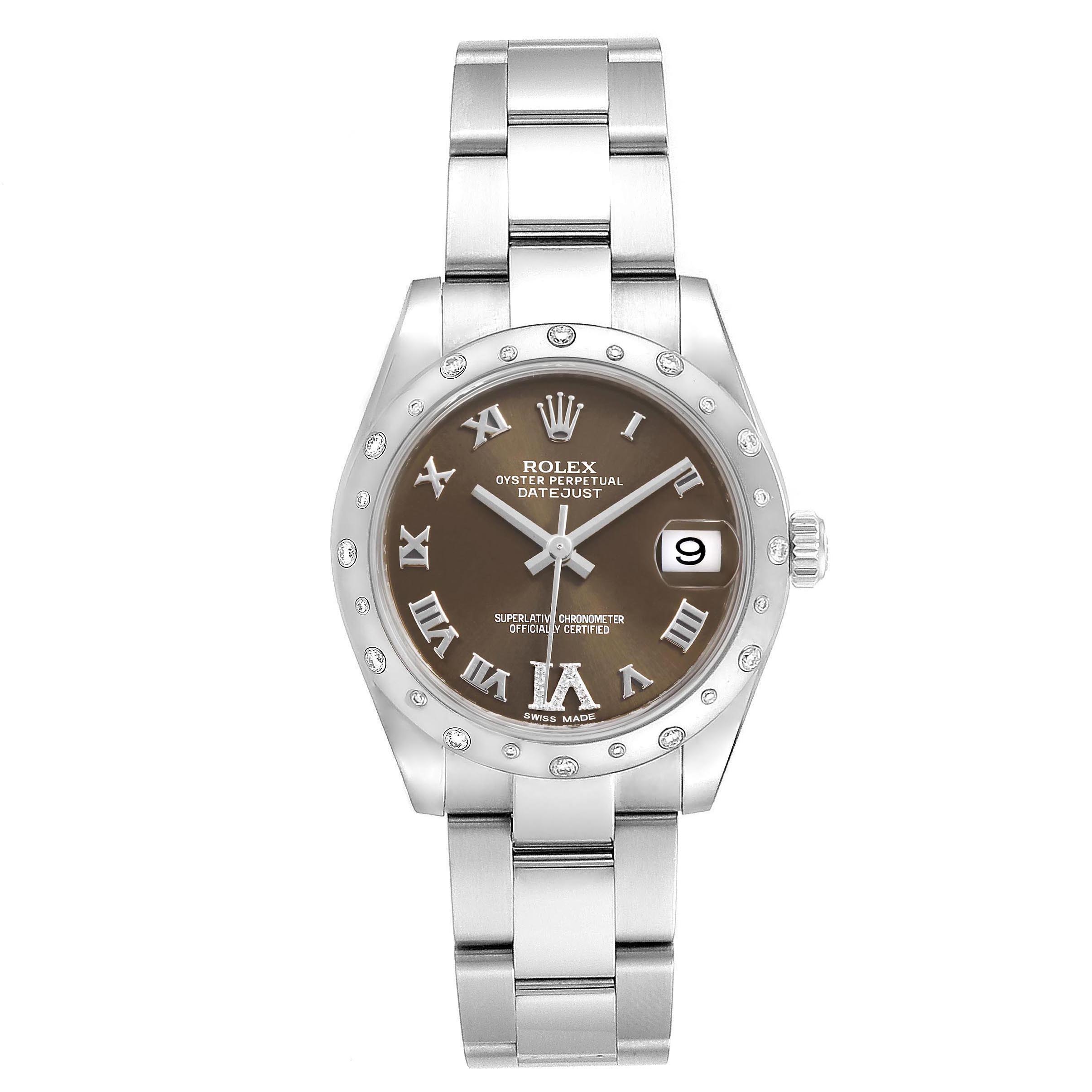 This image shows the front view of a Mid-Size Rolex Oyster Perpetual Datejust watch, featuring a brown dial and metal bracelet.