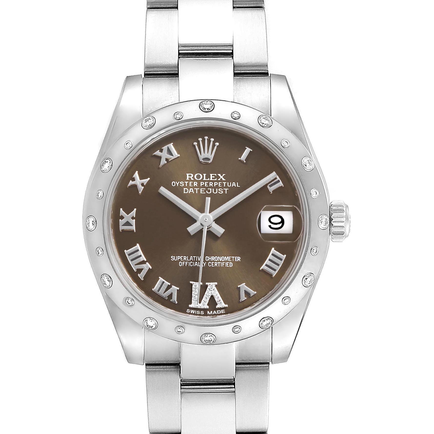 This image shows a front view of a Mid-Size Rolex Oyster Perpetual Datejust watch, highlighting the dial, bezel, and bracelet.