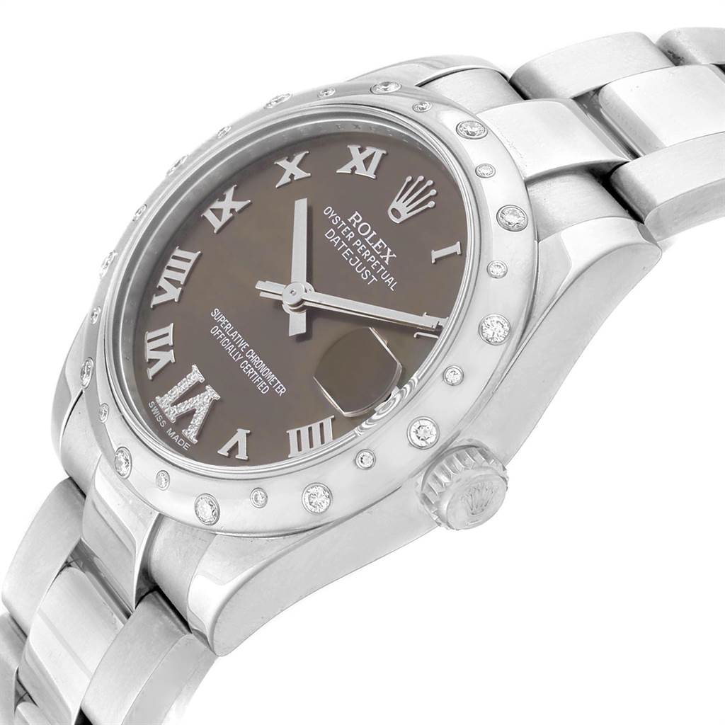 The image shows a close-up angle of a Rolex Mid-Size 178344 Women's Stainless Steel Brown Dial 178344 Women's Stainless Steel Brown Dial Datejust watch, highlighting its bezel, dial, and bracelet.