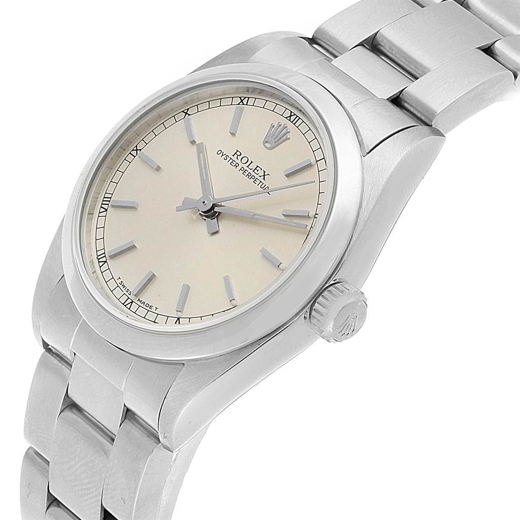 The Rolex Mid-Size 77080 Women's Stainless Steel Silver Dial 77080 Women's Stainless Steel Silver Dial watch is shown from a slight upper side angle, displaying the dial, bezel, crown, and bracelet.