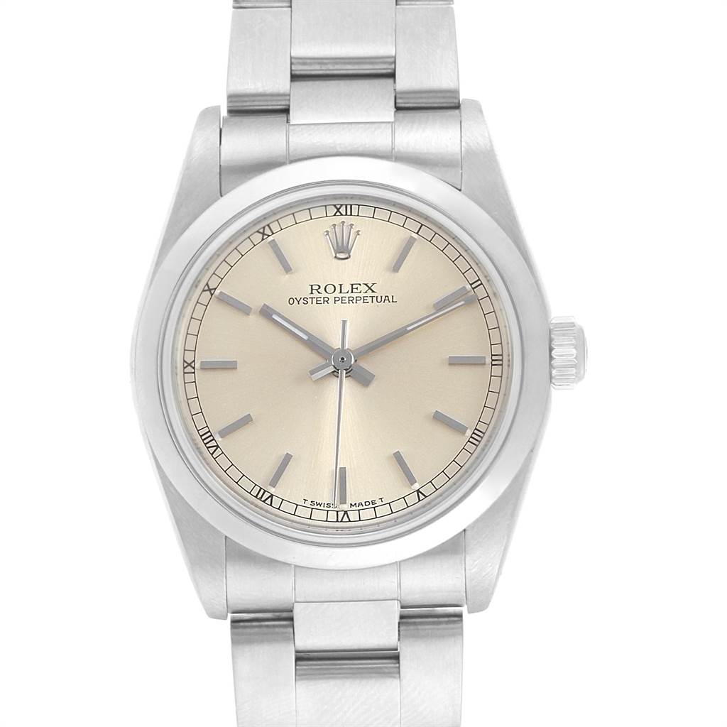 The image shows a front view of the Rolex Mid-Size 77080 Women's Stainless Steel Silver Dial 77080 Women's Stainless Steel Silver Dial Oyster Perpetual watch, including the dial, crown, and stainless steel bracelet.