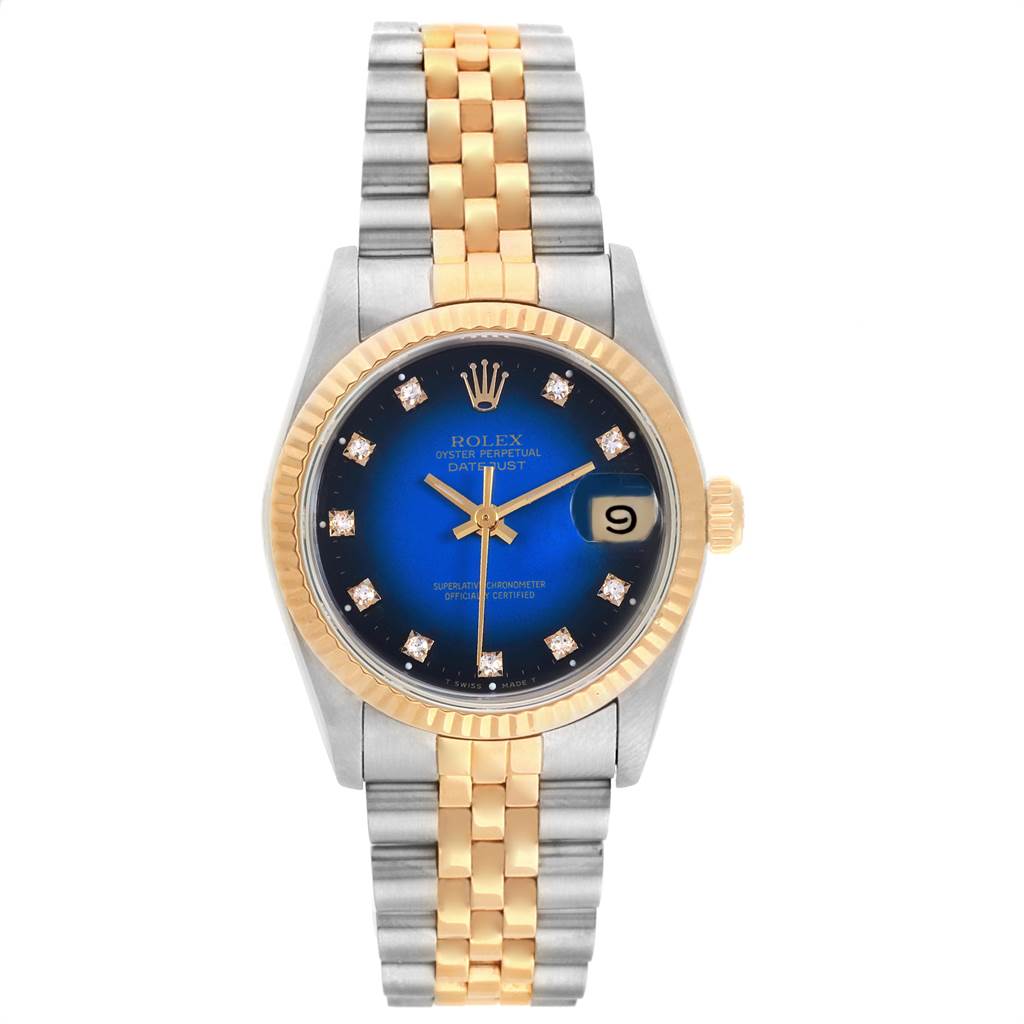 This image shows a Rolex Oyster Perpetual Datejust Mid-Size watch from a front angle featuring its face, bezel, and bracelet.