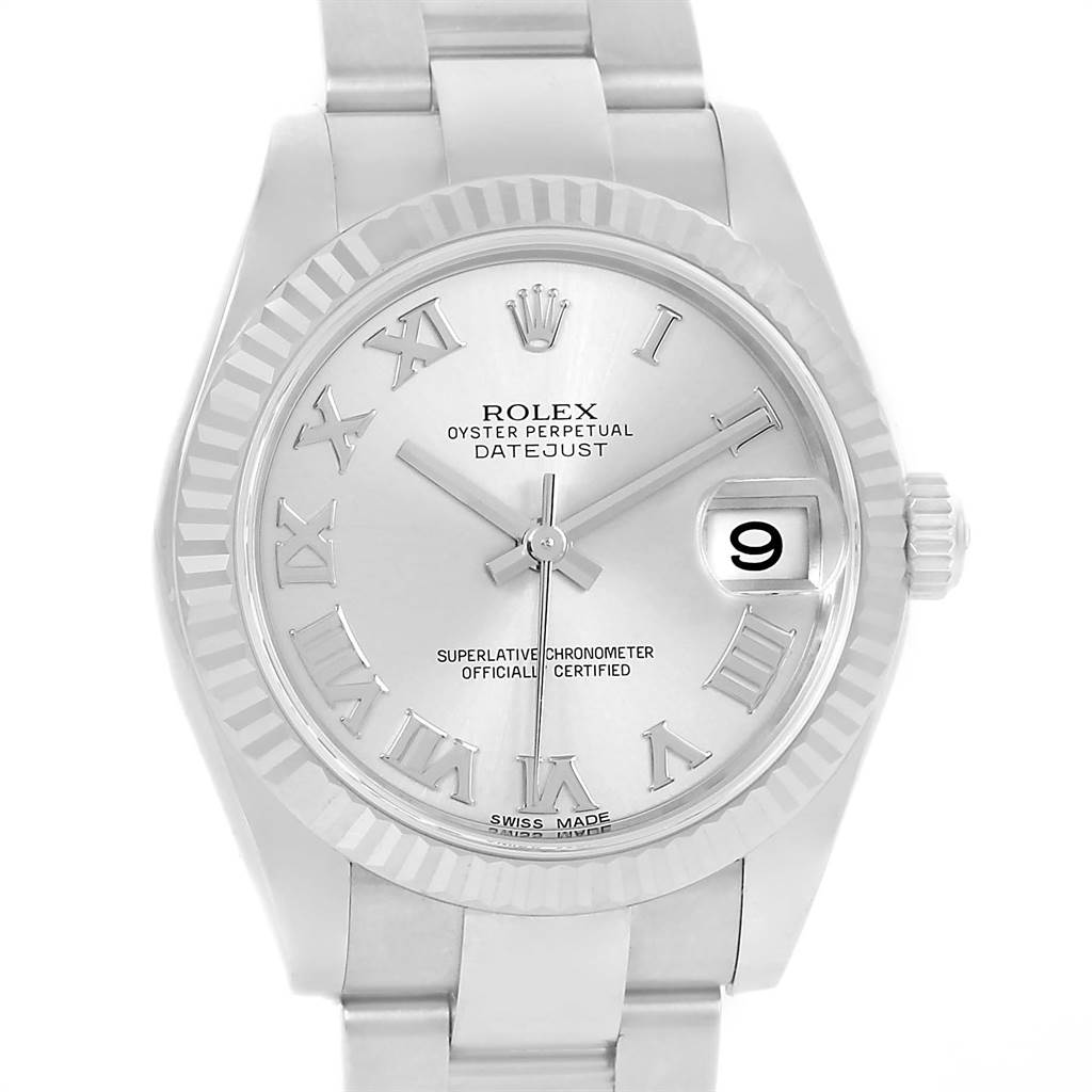 This image shows a front-facing view of a Rolex Mid-Size 178274 Women's Stainless Steel Silver Dial 178274 Women's Stainless Steel Silver Dial Datejust watch, highlighting the dial, bezel, and part of the bracelet.