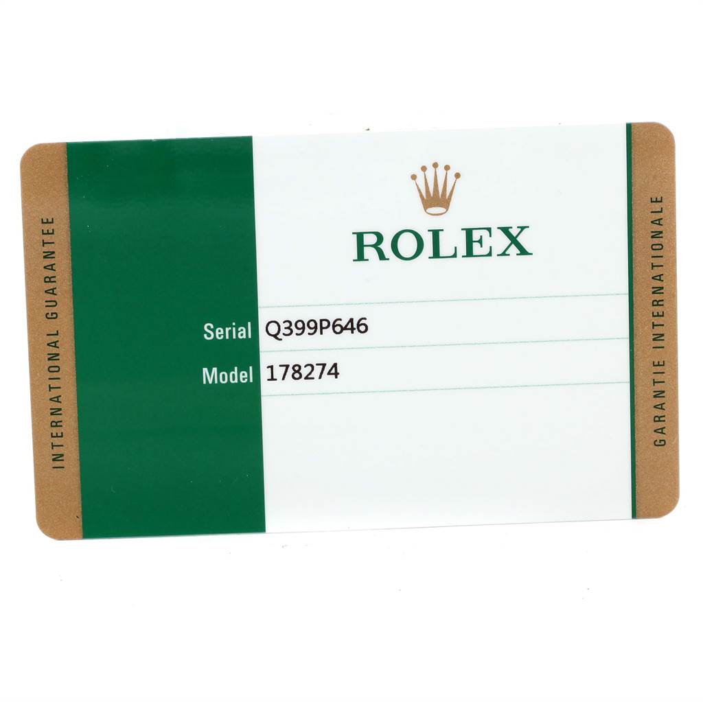The image shows the warranty card for a Mid-Size Rolex model 178274.