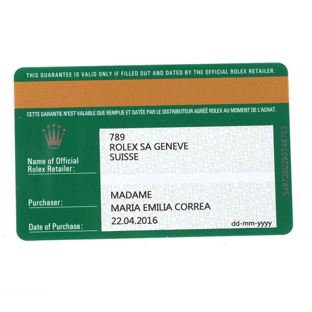 This image shows the guarantee card for a Mid-Size Rolex watch, displaying purchase details and retailer information.
