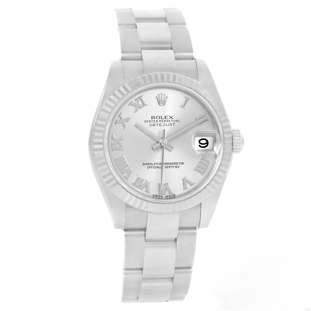 The Rolex Mid-Size 178274 Women's Stainless Steel Silver Dial 178274 Women's Stainless Steel Silver Dial Datejust watch is shown from a front angle, highlighting its dial, bracelet, bezel, and date display.