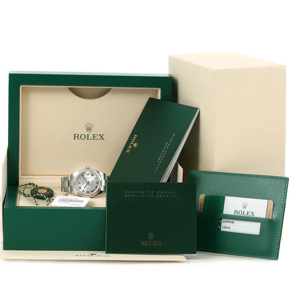 The image shows a Rolex Mid-Size 178274 Women's Stainless Steel Silver Dial 178274 Women's Stainless Steel Silver Dial model watch along with its box, guarantee manual, authenticity card, and green tag, viewed from the front.