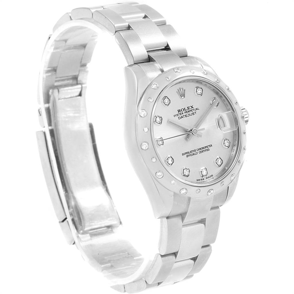 The image shows a Rolex Datejust Mid-Size watch from a three-quarter angle, highlighting its dial, bracelet, and bezel with diamond accents.