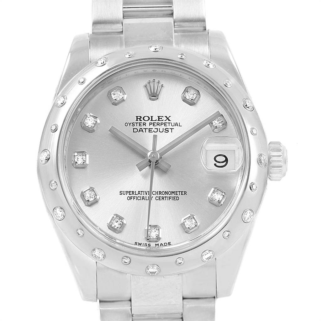 This image shows a front view of a Rolex Mid-Size 178344 Women's Stainless Steel Silver Dial 178344 Women's Stainless Steel Silver Dial Oyster Perpetual Datejust watch, displaying its dial, bezel, and bracelet.
