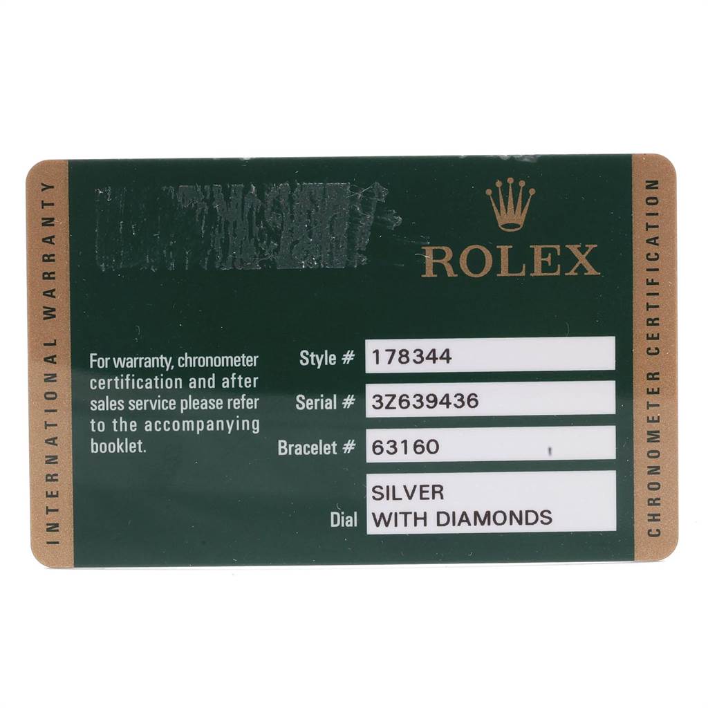 The image shows a warranty card for a Rolex Mid-Size 178344 Women's Stainless Steel Silver Dial 178344 Women's Stainless Steel Silver Dial model, detailing its style, serial, bracelet numbers, and dial information.