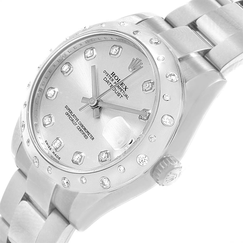 The image shows a close-up view of a Rolex Mid-Size 178344 Women's Stainless Steel Silver Dial 178344 Women's Stainless Steel Silver Dial Datejust watch, displaying the face, bezel, and part of the bracelet at an angle.