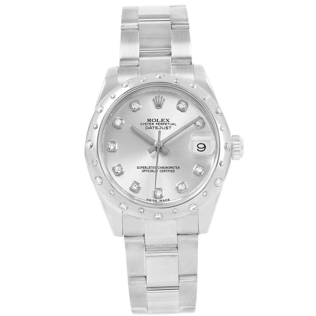 The Rolex Mid-Size 178344 Women's Stainless Steel Silver Dial 178344 Women's Stainless Steel Silver Dial model watch is shown from a top-down angle, featuring its face, bezel, bracelet, and crown.