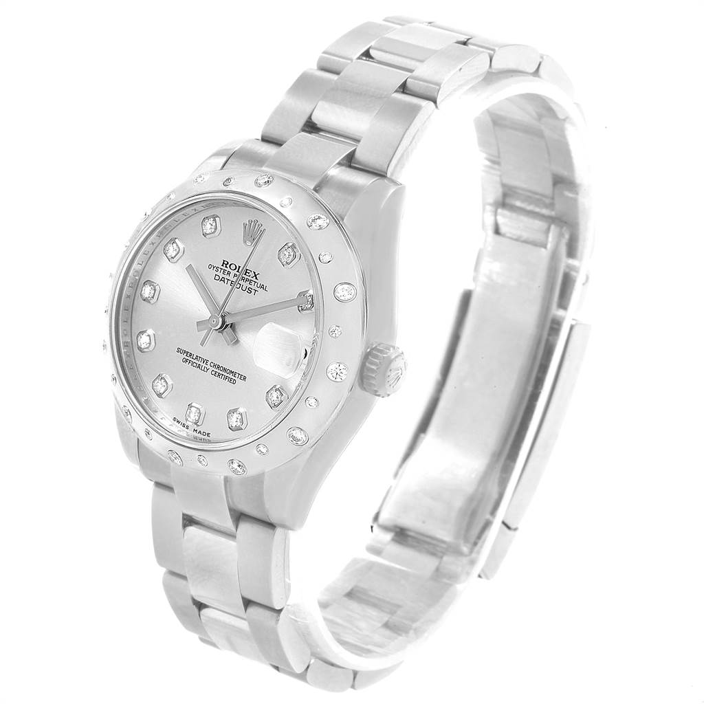 The image shows a Rolex Mid-Size 178344 Women's Stainless Steel Silver Dial 178344 Women's Stainless Steel Silver Dial Datejust watch at an angle displaying the face, bezel, and part of the bracelet.