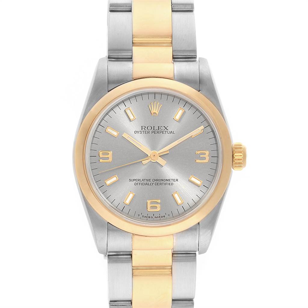 The image shows a frontal view of the Rolex Mid-Size 67483 Women's Steel and Gold (two tone) Grey Dial 67483 Women's Steel and Gold (two tone) Grey Dial Oyster Perpetual watch, highlighting its dial, bezel, and bracelet.