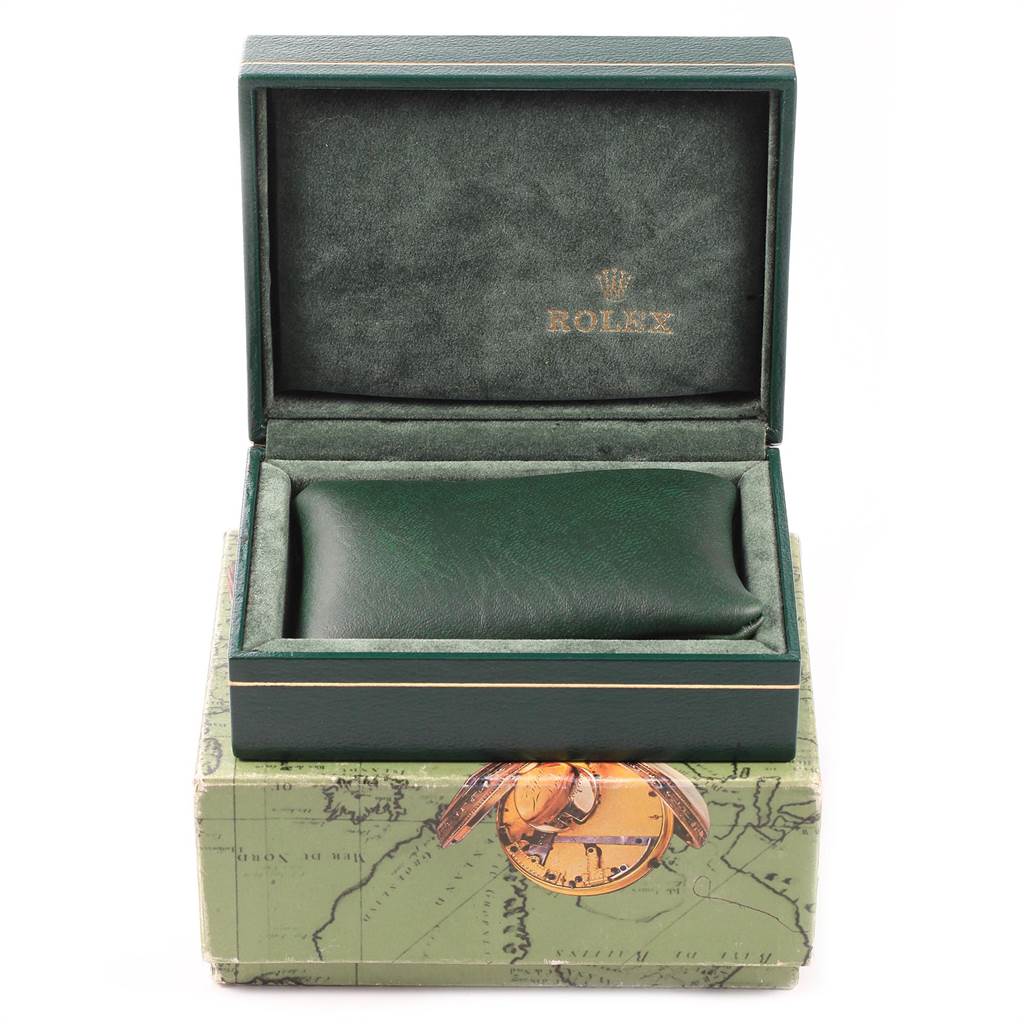 The image shows an open green Rolex box for a Mid-Size model watch, featuring a cushion and Rolex branding inside.