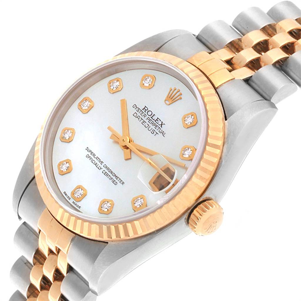 This image shows the face, crown, and bracelet of the mid-size Rolex Oyster Perpetual Datejust watch at an angled view.