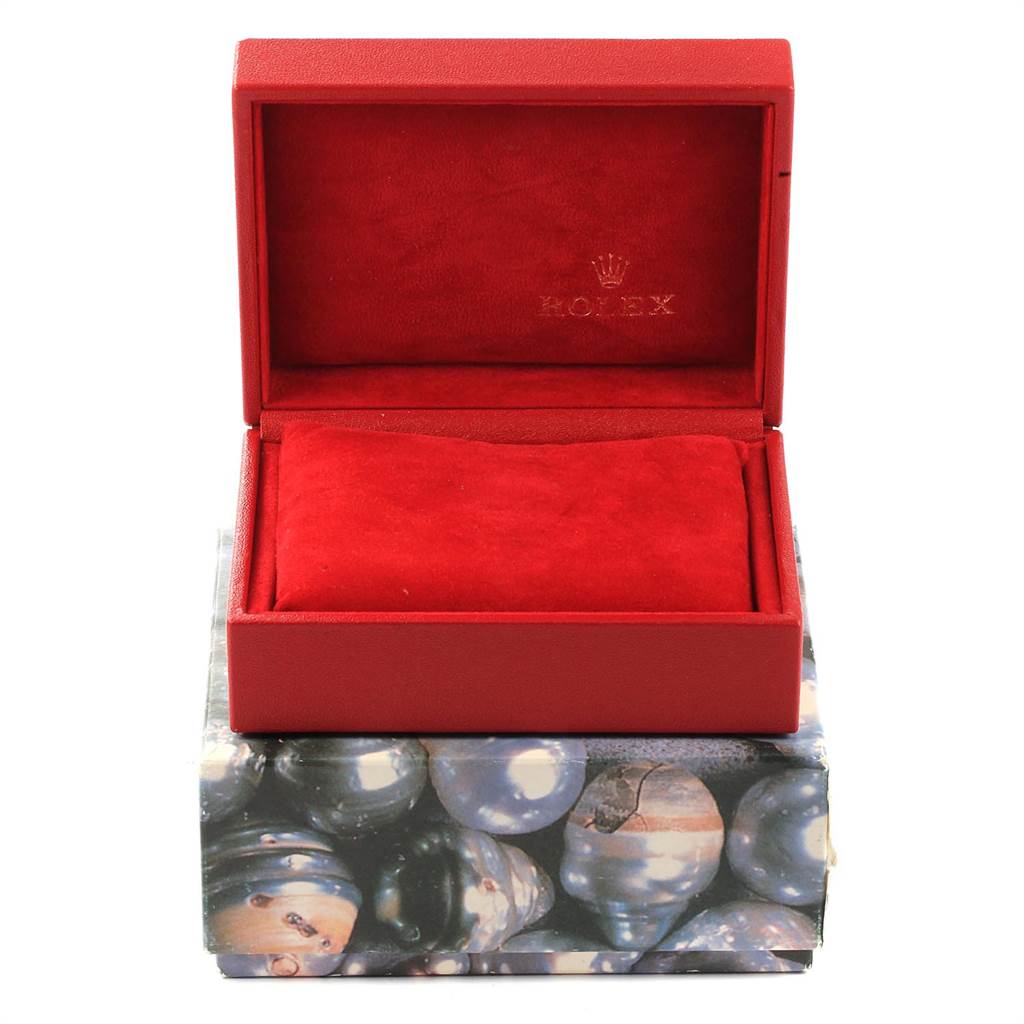 This image shows an open red watch box for a Rolex Mid-Size 78273 Women's Steel and Gold (two tone) Mother of Pearl Dial 78273 Women's Steel and Gold (two tone) Mother of Pearl Dial model, with a cushioned interior and an outer decorative box.