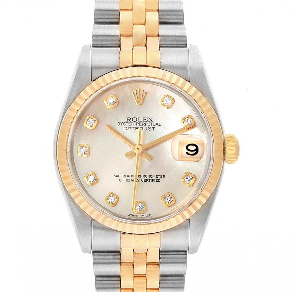 The Rolex Mid-Size 78273 Women's Steel and Gold (two tone) Mother of Pearl Dial 78273 Women's Steel and Gold (two tone) Mother of Pearl Dial Datejust is shown from a front angle, displaying its dial, crown, and two-tone bracelet.