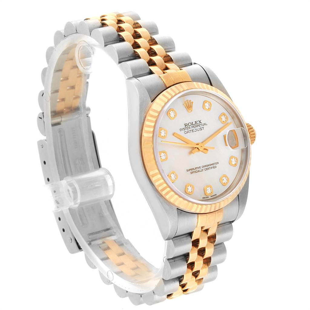 The image shows a side and front angle of a Mid-Size Rolex Datejust, highlighting its two-tone bracelet and diamond hour markers.