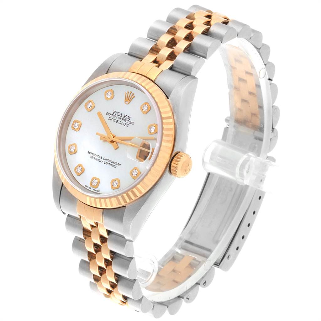 The image shows a Rolex Mid-Size 78273 Women's Steel and Gold (two tone) Mother of Pearl Dial 78273 Women's Steel and Gold (two tone) Mother of Pearl Dial Datejust watch at an angle highlighting the gold and silver bracelet and face with diamond hour markers.