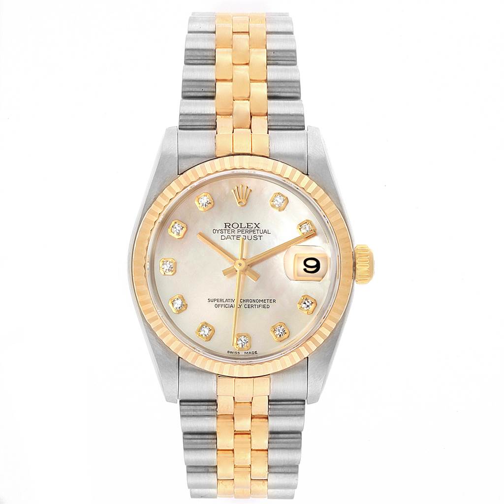 This is a front view of the Rolex Mid-Size 78273 Women's Steel and Gold (two tone) Mother of Pearl Dial 78273 Women's Steel and Gold (two tone) Mother of Pearl Dial Datejust showing the dial, bezel, bracelet, and date indicator.