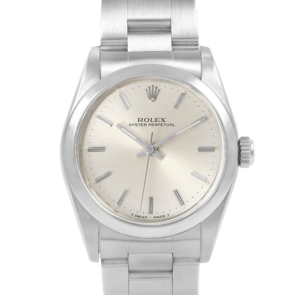 This Rolex Oyster Perpetual Mid-Size watch is shown from the front, displaying its dial, case, and part of the bracelet.