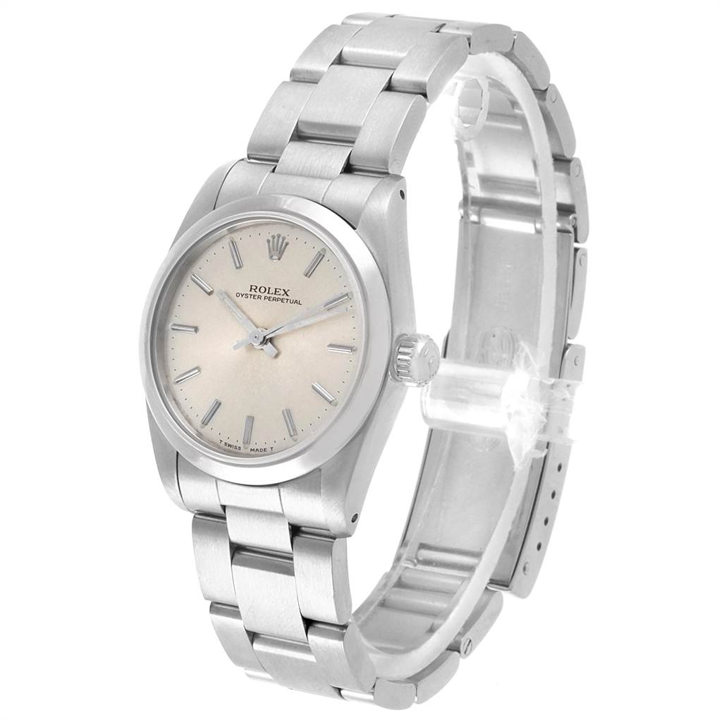 The image shows a front left angled view of a Rolex Mid-Size 67480 Women's Stainless Steel Silver Dial 67480 Women's Stainless Steel Silver Dial Oyster Perpetual watch with its bracelet and case clearly visible.