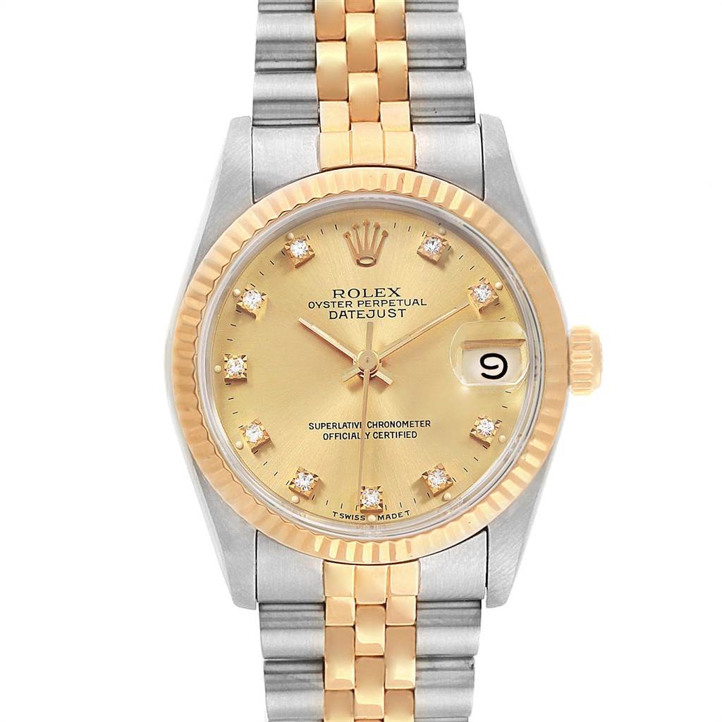 This image shows a frontal view of a Rolex Oyster Perpetual Datejust Mid-Size watch displaying the face, bezel, and bracelet.