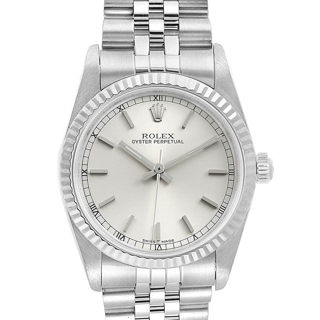 This Rolex Oyster Perpetual Mid-Size watch is shown from the front, highlighting the dial, bezel, and bracelet.