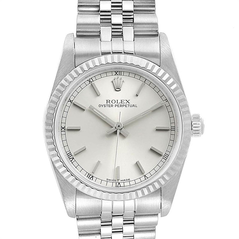 Rolex Midsize Steel White Gold Silver Dial Ladies Watch 77014 SwissWatchExpo