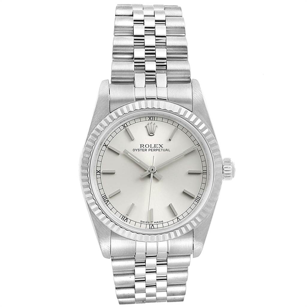 This image shows the front view of a Rolex Oyster Perpetual Mid-Size watch, featuring its dial, bezel, crown, and metal bracelet.