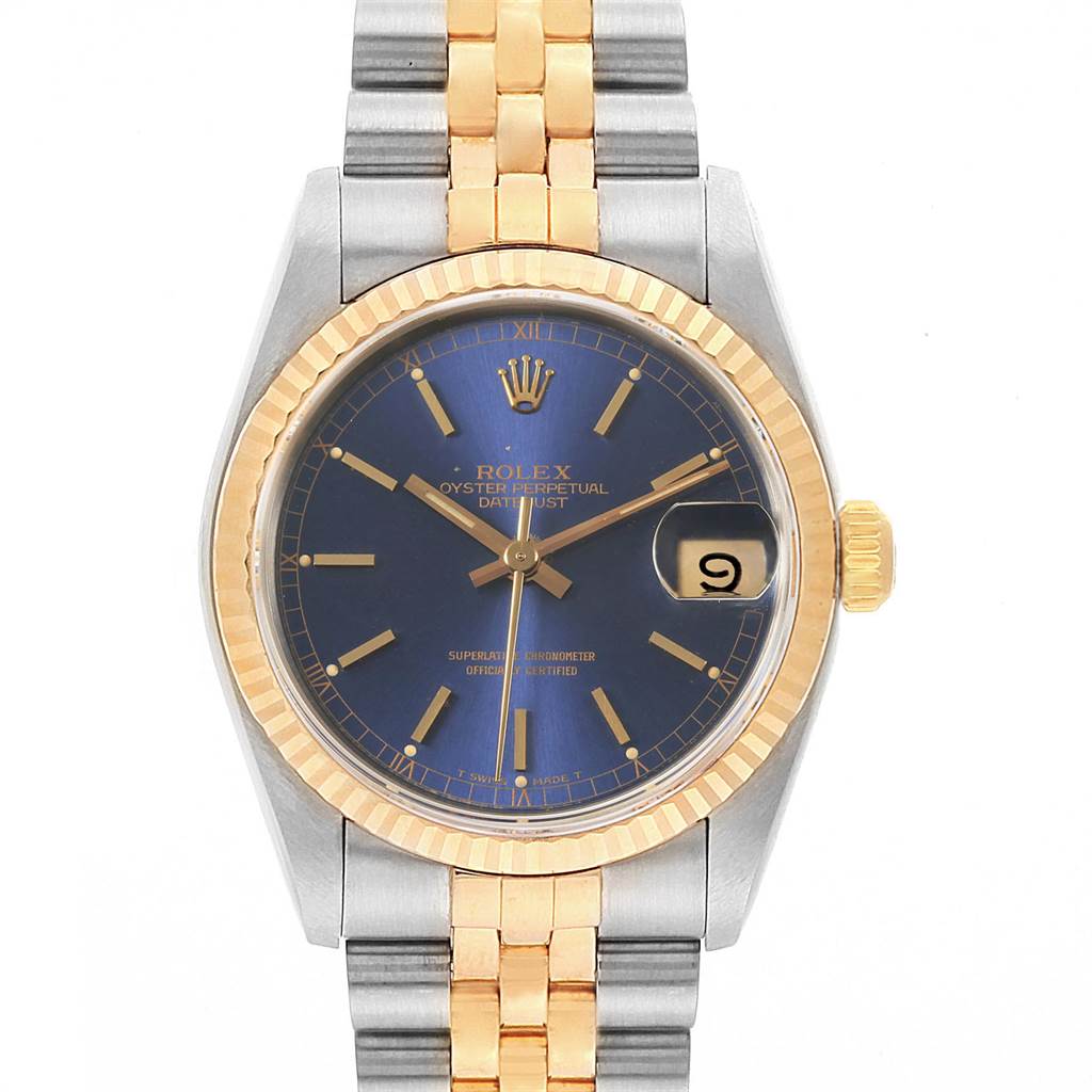 This image shows a front view of the Rolex Datejust Mid-Size watch, highlighting its dial, bezel, and bracelet.