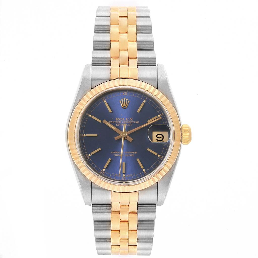 This is a front view of a Rolex Oyster Perpetual Datejust Mid-Size with a two-tone metal bracelet and blue dial.