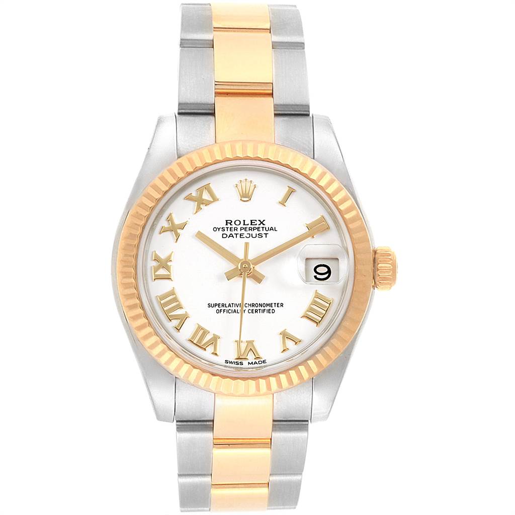 This image shows a front view of a Rolex Mid-Size 178273 Women's Steel and Gold (two tone) White Dial 178273 Women's Steel and Gold (two tone) White Dial Oyster Perpetual Datejust watch, featuring a two-tone band and a fluted bezel.